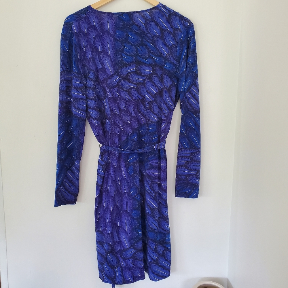 MARA HOFFMAN GYPSY M Blue Feather Print Faux Wrap 39" Dress LS Party Office EUC - Picture 6 of 13